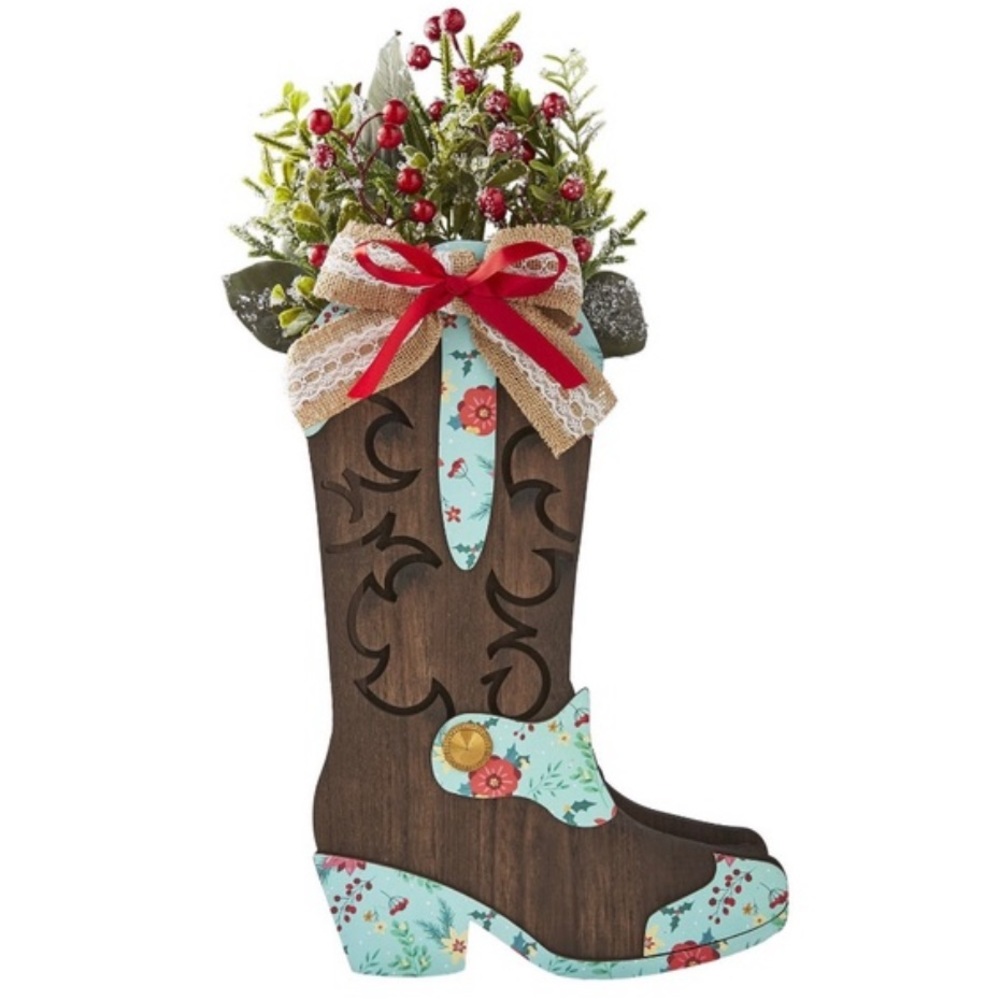 The Pioneer Woman Floral Wooden Boot Christmas Tabletop Decoration